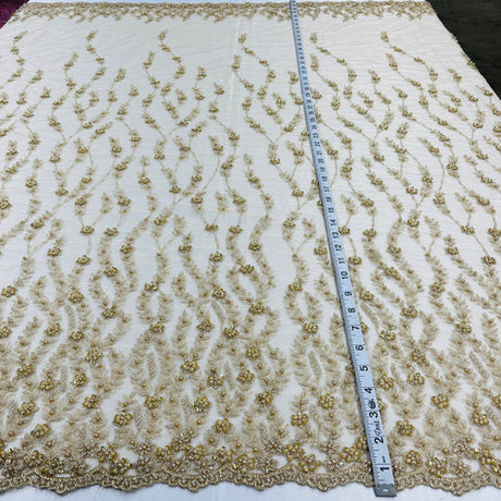 1 Yard Beaded Lace Fabric Embroidered on Polyester Net Mesh 50 inch Width