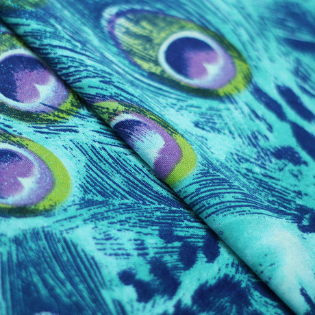 Peacock Foil Polyester Spandex Fabric - Peacock Feather Print, Pink/Turquoise, 58/60" Width (1 Yard)