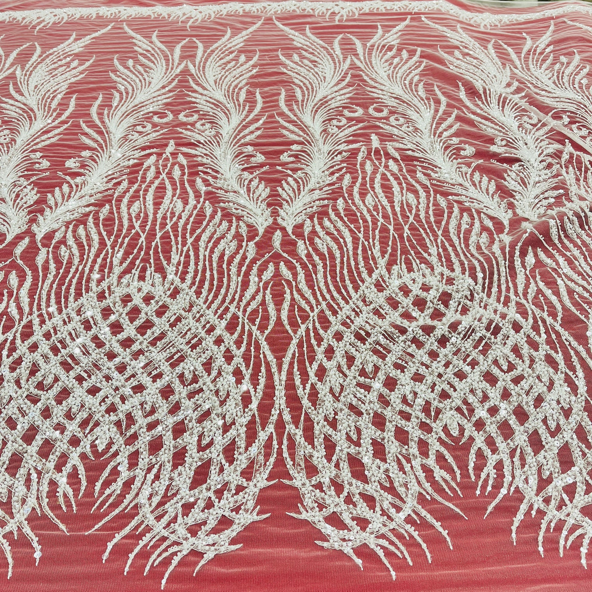 1 Yard Silver Beaded Lace Fabric Embroidered on 100% Polyester Net Mesh 52 Inch Width