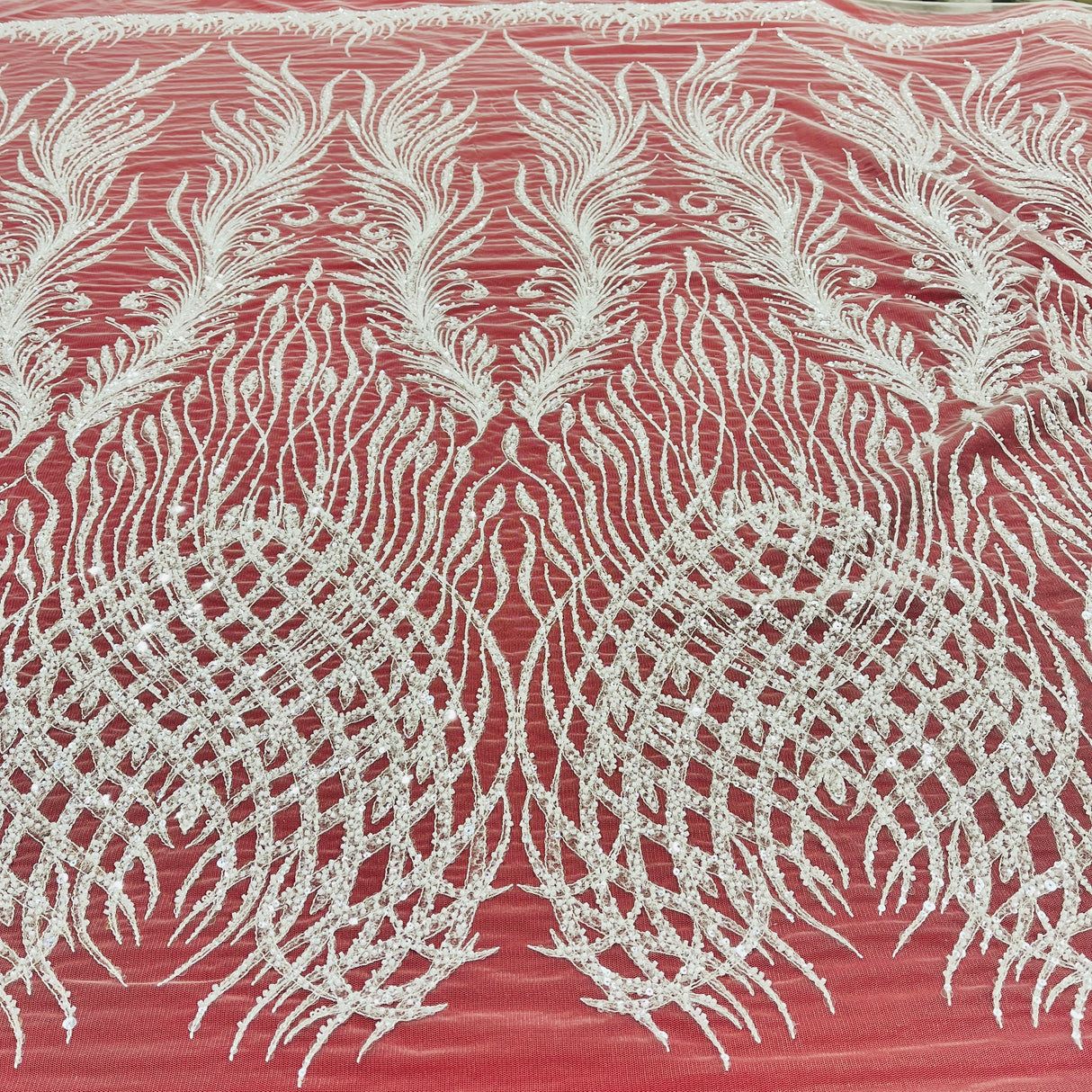 Beaded Lace Fabric on Polyester Net Mesh