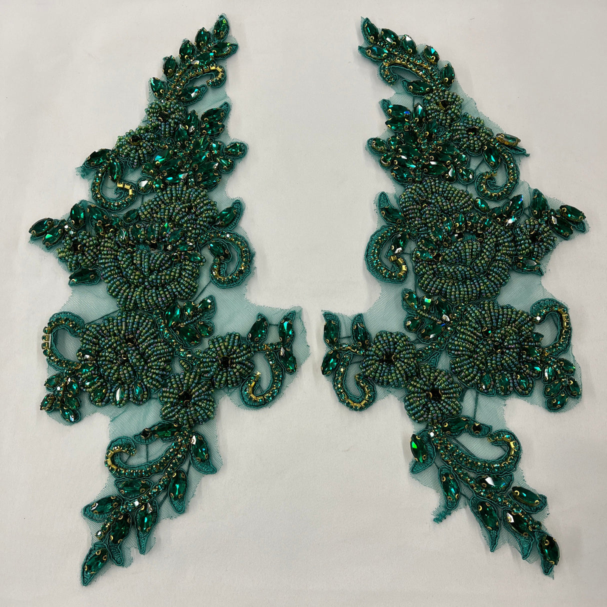 Crystal Rhinestone Applique 100 Percent Polyester Lace Fabric - Floral Beaded Corded Embroidered, 12" X 5" Each Side (1 Pair)
