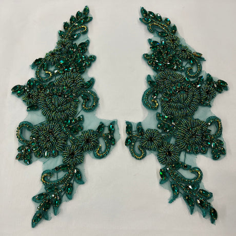 Crystal Rhinestone Applique 100 Percent Polyester Lace Fabric - Floral Beaded Corded Embroidered, 12" X 5" Each Side (1 Pair)