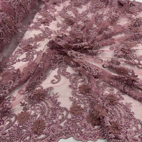 3D Beaded Floral Lace Fabric - Embroidered 100 Percent Polyester Net Mesh, 3D Floral, Beaded, Mirrored Symmetrical Scallops, 52" Wide (1 Yard)