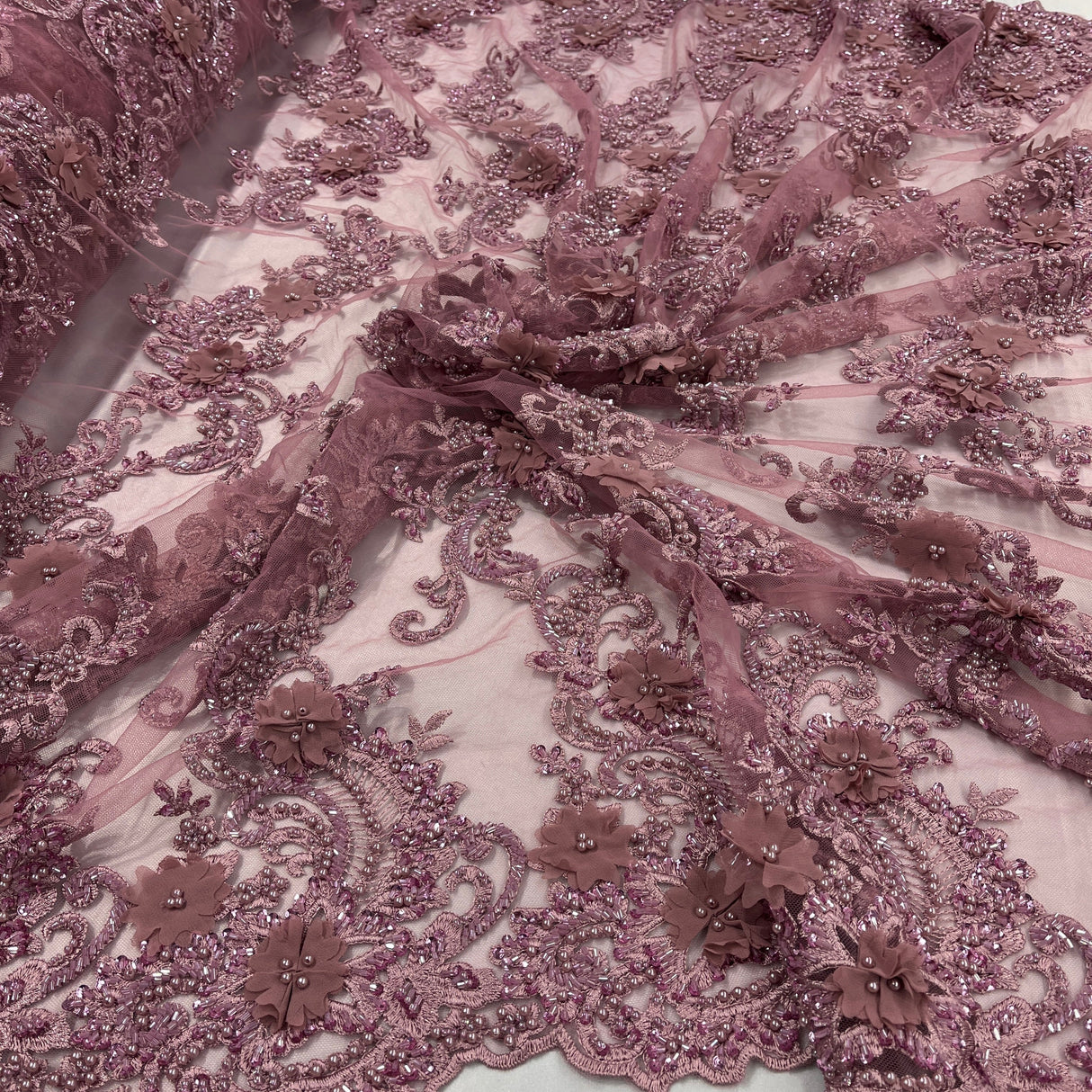Beaded Floral Lace Fabric 3D Embroidered Net Mesh 52" Wide