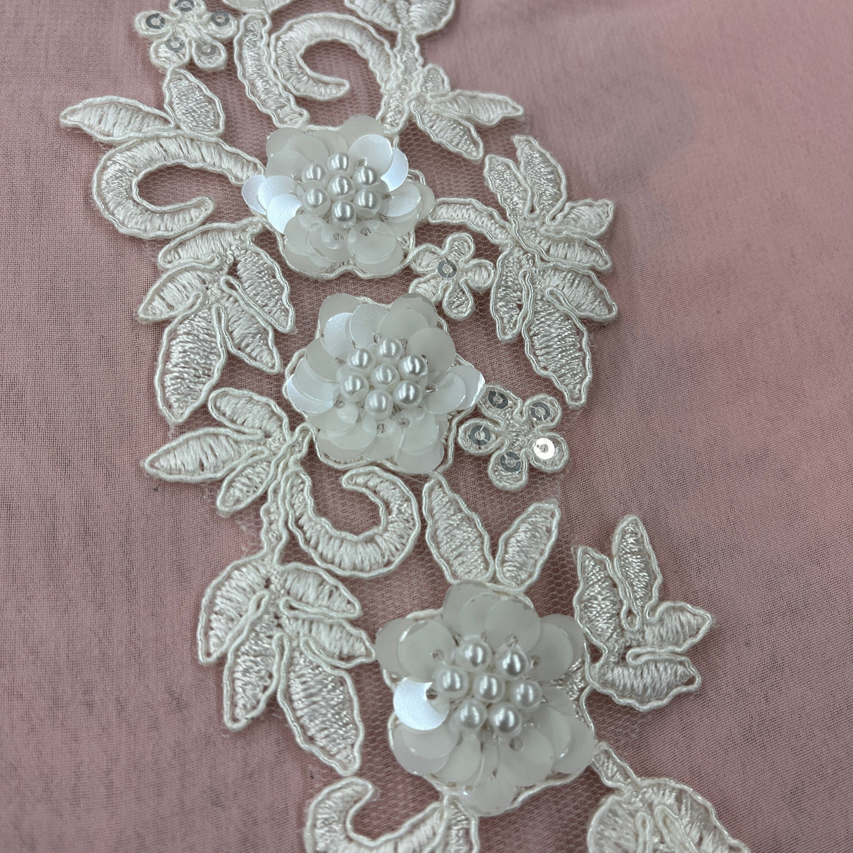 Beaded Corded Floral 3D Lace Applique Polyester Fabric - Floral Embroidered Net Mesh, 11" X 3" Wide Each Side (1 Pair)