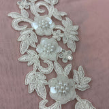 Beaded Corded Floral 3D Lace Applique Polyester Fabric - Floral Embroidered Net Mesh, 11" X 3" Wide Each Side (1 Pair)