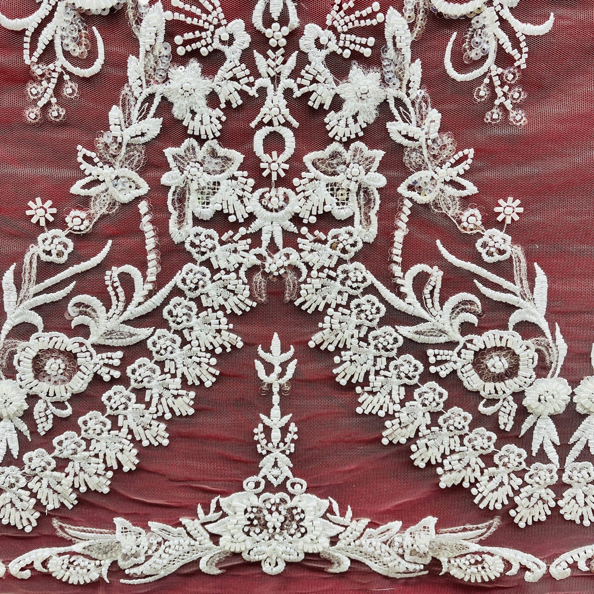 Beaded Lace Fabric Embroidered On 100 Percent Polyester Net Mesh - Off White, Antique Silver, White, 50" Wide (1 Yard)