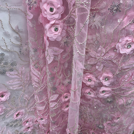 1 Yard Exquisite Off White Beaded 3D Floral Lace Fabric on Net Mesh 52 inch Width