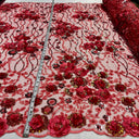 1 yarda de tela de encaje floral 3D brillante con cuentas y lentejuelas bordada sobre malla de red 100% poliéster blanca