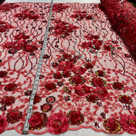 1 Yard Beaded Rhinestone 3D Floral Lace Fabric Embroidered 100 Percent Polyester Net Mesh 52 inch Width