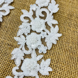 Beaded Corded Floral 3D Lace Applique Polyester Fabric - Floral Embroidered Net Mesh, 11" X 3" Wide Each Side (1 Pair)