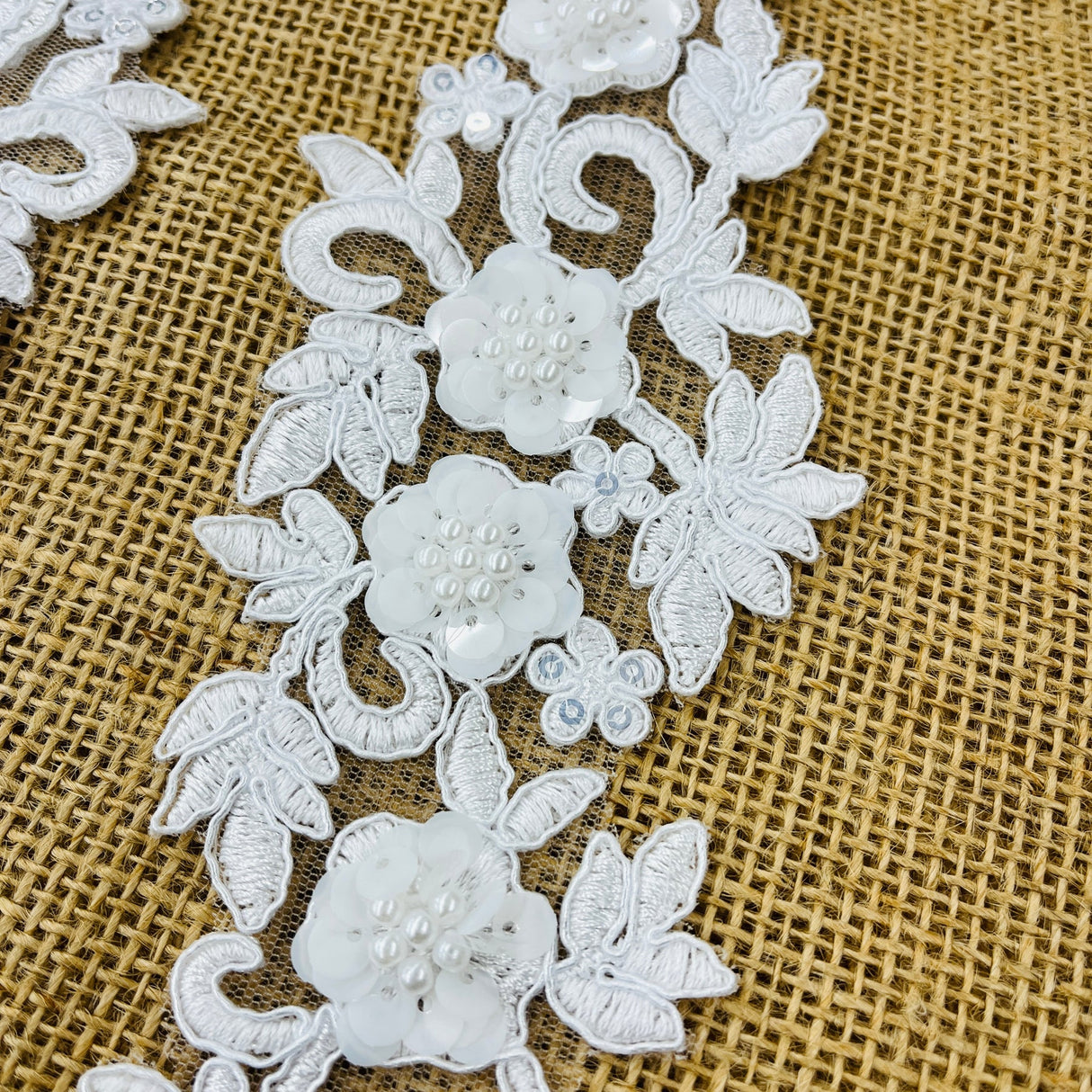 1 Pair 11" x 3" Each Side Beaded & Corded Floral 3D Lace Applique 100% Polyester Net Mesh