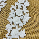 1 Pair 11" x 3" Each Side Beaded & Corded Floral 3D Lace Applique 100% Polyester Net Mesh
