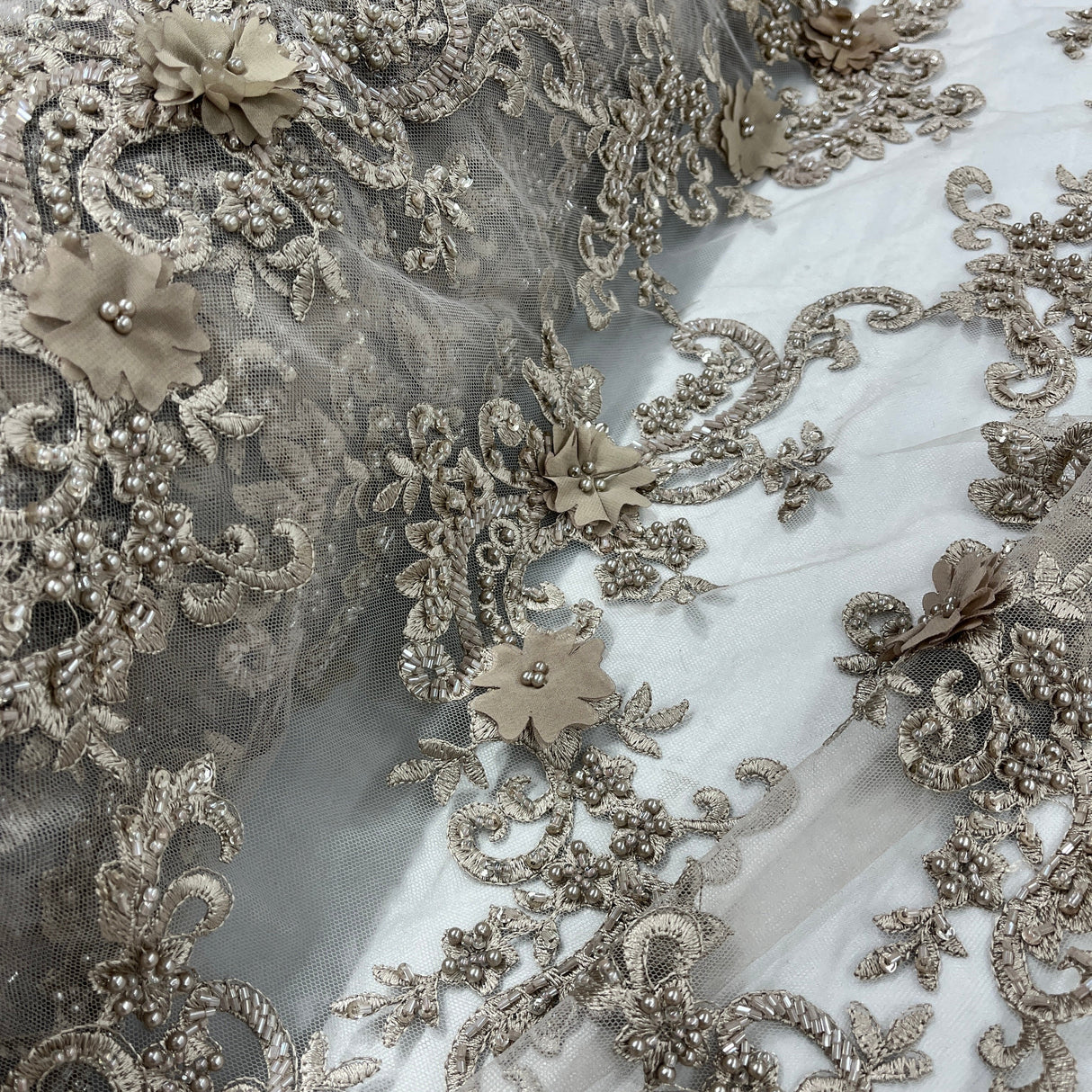 Beaded Floral Lace Fabric 3D Embroidered Net Mesh 52" Wide