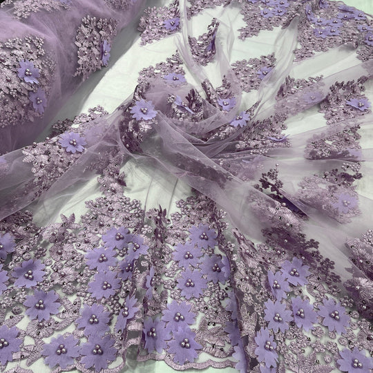 1 Yard Beaded 3D Floral Lace Fabric Embroidered on 100% Polyester Net Mesh