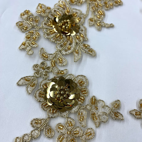 1 Pair 14" x 3" Beaded & Corded Floral 3D Lace Applique Embroidered on 100% Polyester Net Mesh