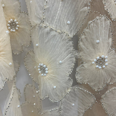 1 Yard Beaded 3D Floral Lace Fabric Embroidered 100 Percent Polyester Net Mesh 52 inch Width