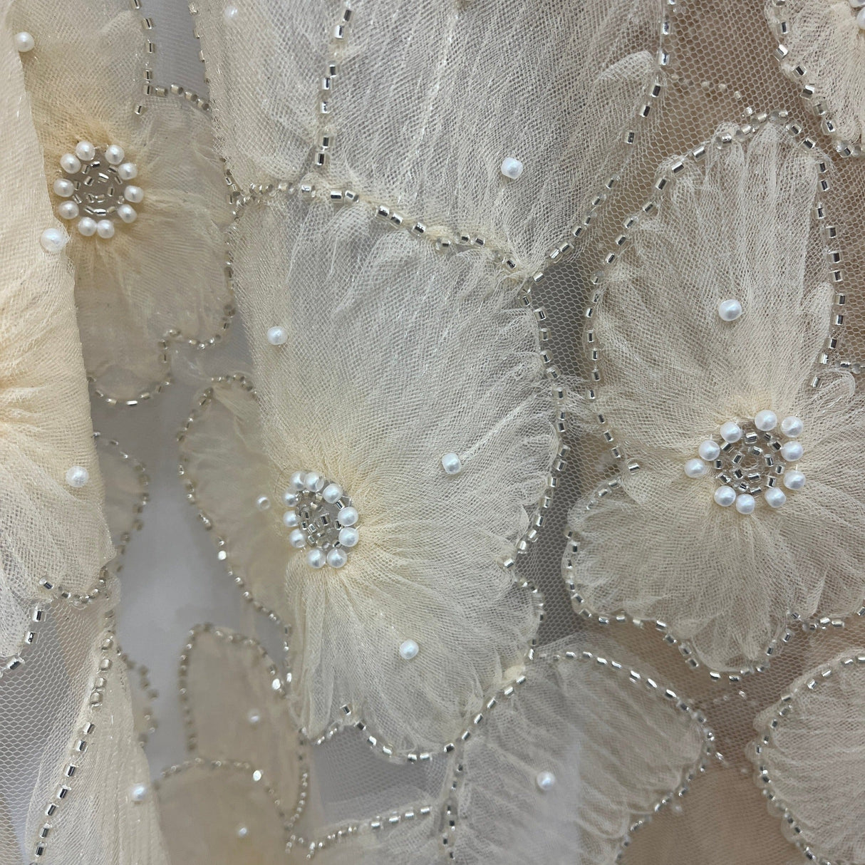 Beaded 3D Floral Lace Fabric - 3D Floral Embroidered Net Mesh, 52" Wide (1 Yard)