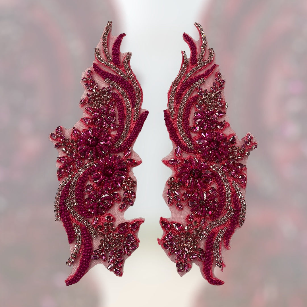 Rhinestone Applique Floral Lace Pair 14" x 4"