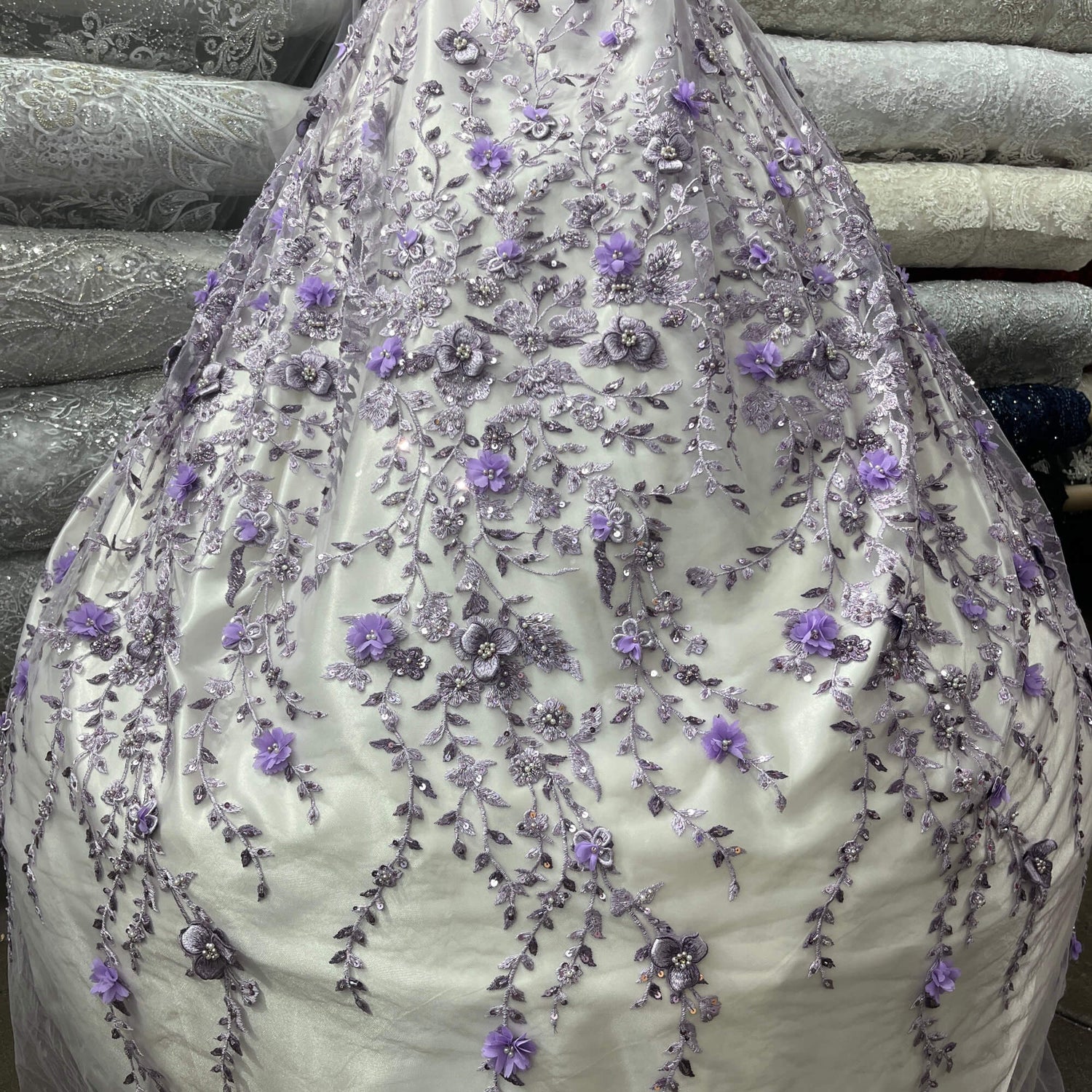 Beaded 3D Floral Lace Fabric Off White