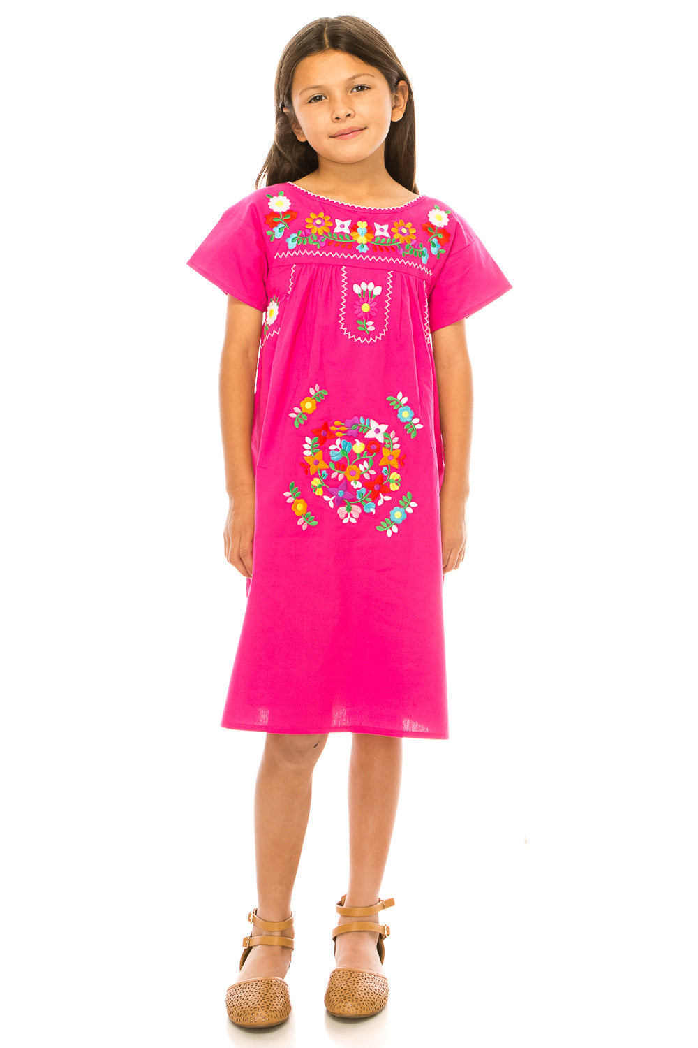 Traditional Mexican Girl Embroidered Dress - 100 Percent Cotton Fabric, Vibrant Embroidery, Knee Length, Multiple Colors, Sizes 2-8