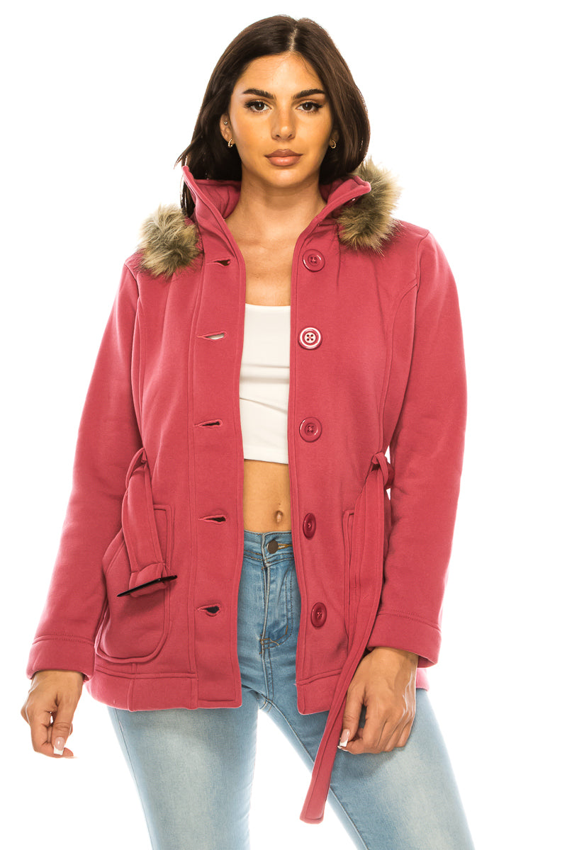 Unik Women Fleece Coat - Fur Hood, Detachable Belt (1 Piece)