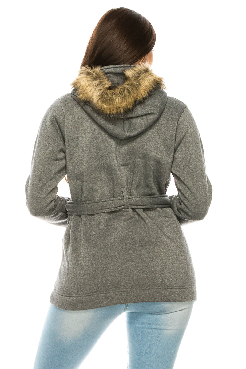 Unik Women Fleece Coat - Fur Hood, Detachable Belt (1 Piece)