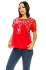 Traditional Mexican Women Blouse Cotton Fabric - Floral Embroidery, Short Laced Sleeves, Multiple Colors (S-M-L-XL-2XL-3XL)