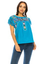 Traditional Mexican Women Blouse Cotton Fabric - Floral Embroidery, Short Laced Sleeves, Multiple Colors (S-M-L-XL-2XL-3XL)