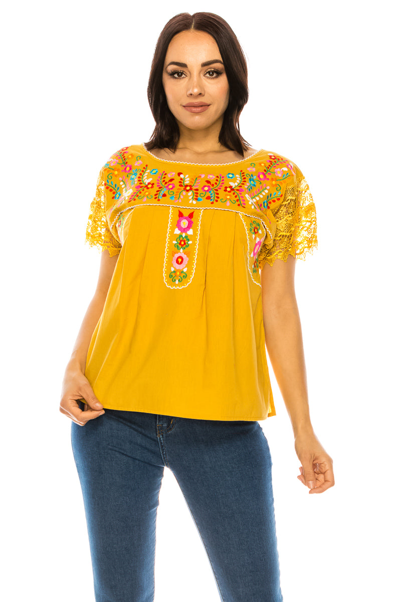 Traditional Mexican Women Blouse Cotton Fabric - Floral Embroidery, Short Laced Sleeves, Multiple Colors (S-M-L-XL-2XL-3XL)