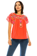 Traditional Mexican Women Blouse Cotton Fabric - Floral Embroidery, Short Laced Sleeves, Multiple Colors (S-M-L-XL-2XL-3XL)