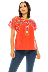 Traditional Mexican Women Blouse Cotton Fabric - Floral Embroidery, Short Laced Sleeves, Multiple Colors (S-M-L-XL-2XL-3XL)