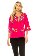 Traditional Mexican Women Blouse 100 Percent Cotton Fabric - Floral Embroidery, Short Laced Sleeves, Multiple Colors, S-M-L-XL-2XL-3XL (1 Piece)