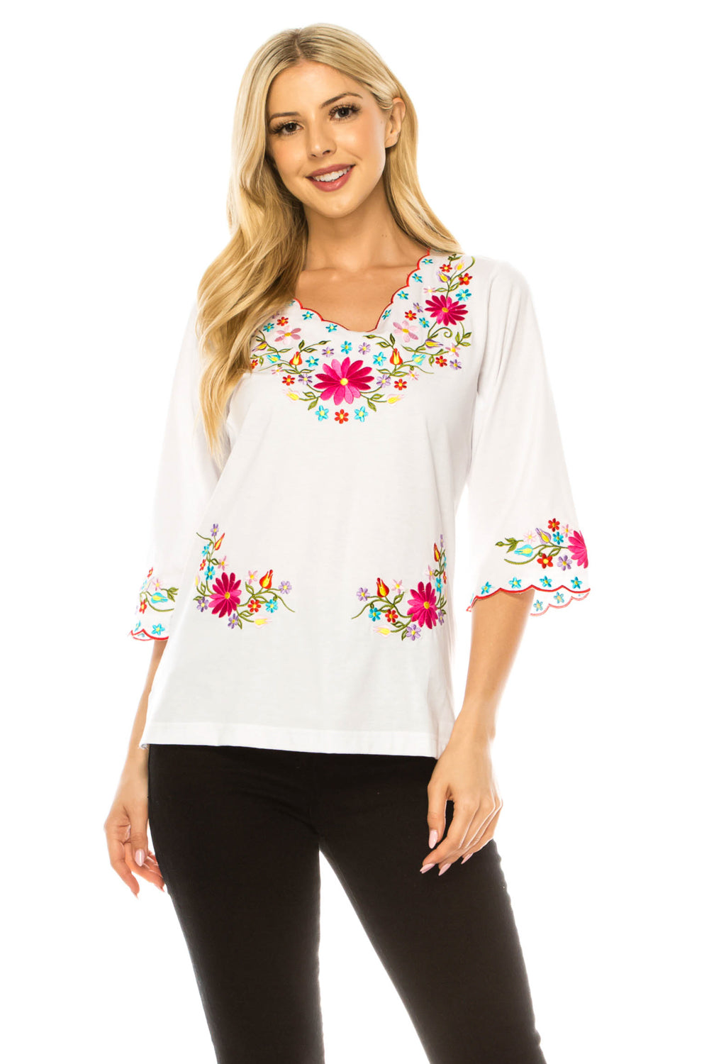 Traditional Mexican Women Blouse 100 Percent Cotton Fabric - Floral Embroidery, Short Laced Sleeves, Multiple Colors, S-M-L-XL-2XL-3XL (1 Piece)