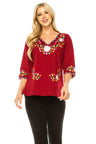 Traditional Mexican Women Blouse 100 Percent Cotton Fabric - Floral Embroidery, Short Laced Sleeves, Multiple Colors, S-M-L-XL-2XL-3XL (1 Piece)