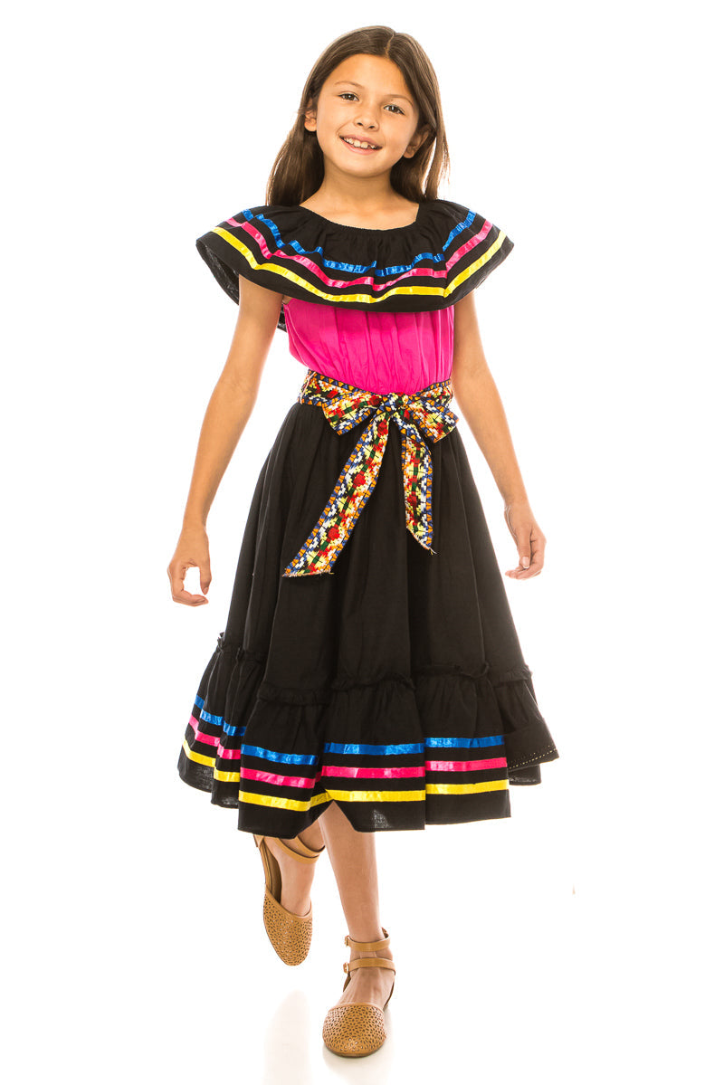Girl's Traditional Mexican Cinco De Mayo Fiesta Dress - Black Pink, Mix RG, Girls Dress (4-14)