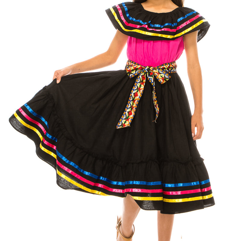 Girl's Traditional Mexican Cinco De Mayo Fiesta Dress - Black Pink, Mix RG, Girls Dress (4-14)
