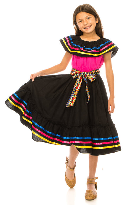 Girl's Traditional Mexican Cinco De Mayo Fiesta Dress - Black Pink, Mix RG, Girls Dress (4-14)
