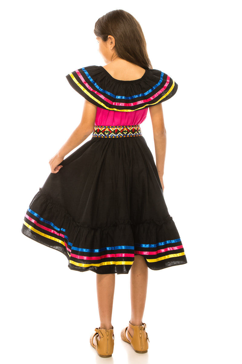 Girl's Traditional Mexican Cinco De Mayo Fiesta Dress - Black Pink, Mix RG, Girls Dress (4-14)