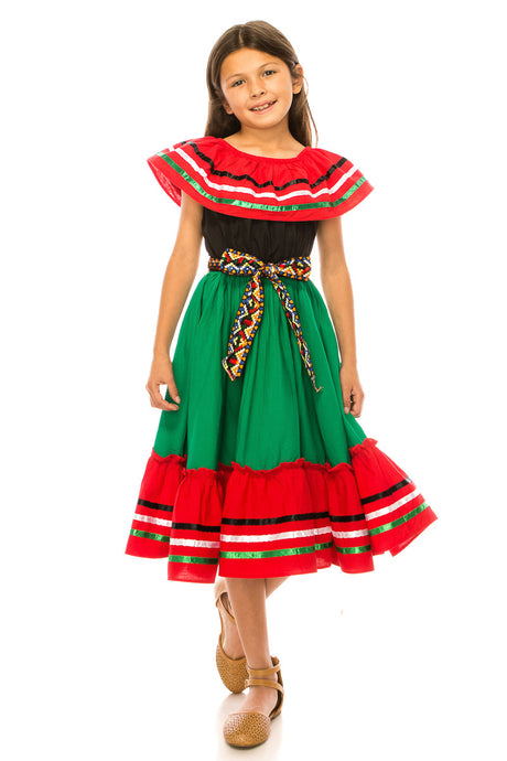 Girl's Traditional Mexican Cinco De Mayo Fiesta Dress - Black Pink, Mix RG, Girls Dress (4-14)