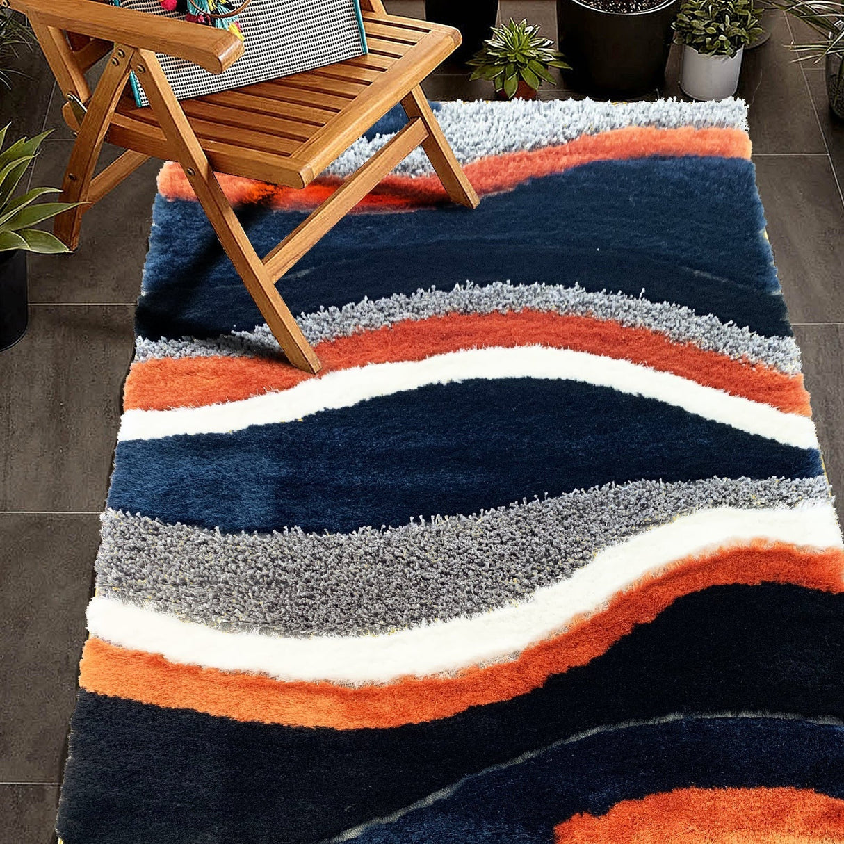 Orange Rust Navy Plush Fluffy Soft Multi Textural Shag Area Rug Carpet - Rust Multi Textural Shag, 7'6" X 10'3" (1 Piece)