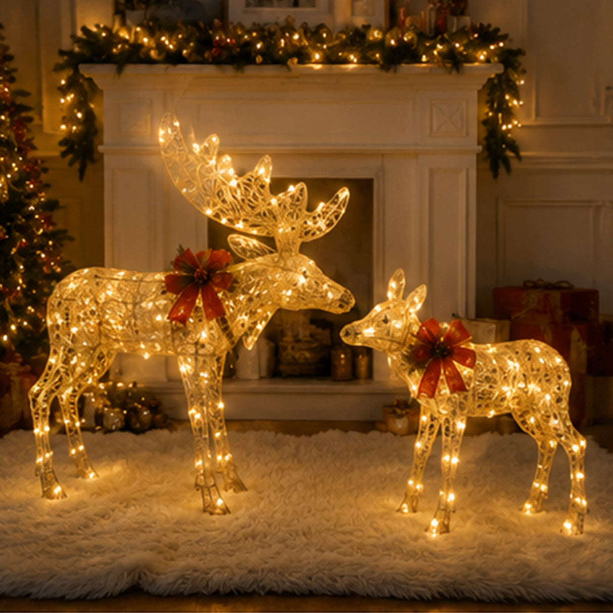 Lighted Elk Christmas Yard Decoration Set, Warm LED