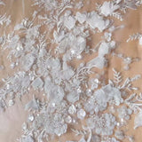 -White 3D Chiffon Flowers Beaded Sequins Embroidered Lace Fabric . Wedding Dress Shining Bride Fabric RS250481