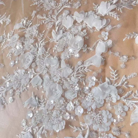 -White 3D Chiffon Flowers Beaded Sequins Embroidered Lace Fabric . Wedding Dress Shining Bride Fabric RS250481