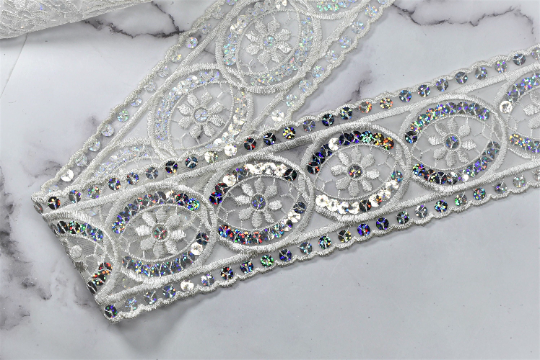 Embroidered Sequin Trim White Hologram Lace 2.25"