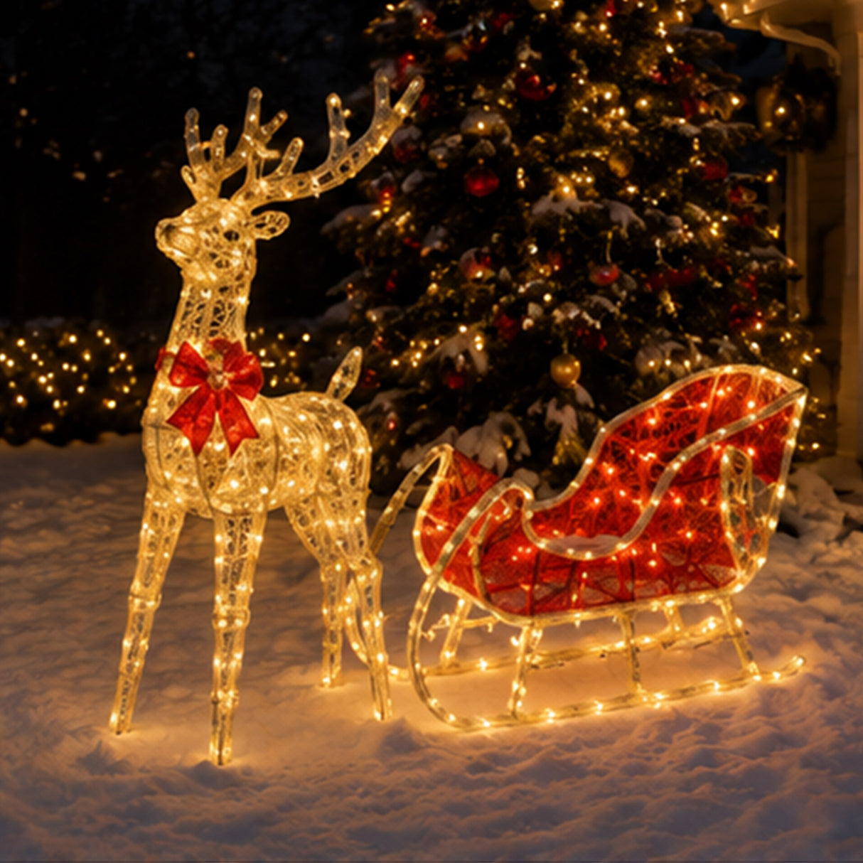 Lighted Reindeer Sleigh Christmas Yard Decoration