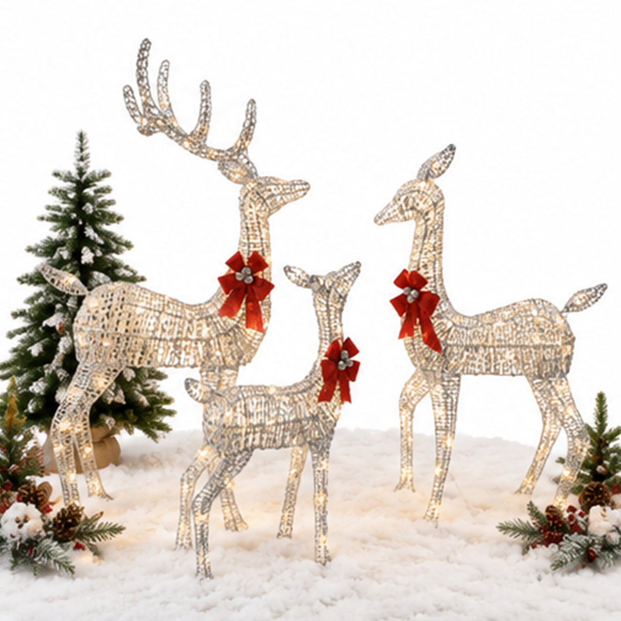 Champagne Wicker Reindeer Set with Warm White LED Lights