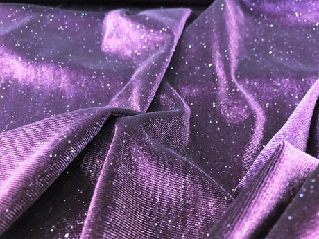 Selena Purple Stretch Velvet Fabric - Dark Purple, Iridescent Glitter, 59" Width (1 Yard)