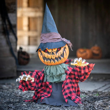 Animated Groundbreaker Pumpkin Man Halloween Prop with Light-Up Eyes, lights up for a spooky Halloween night display