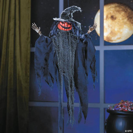 RADYAN Hanging Pumpkinhead Man with Pointy Hat Halloween Decoration shown in a clear product image